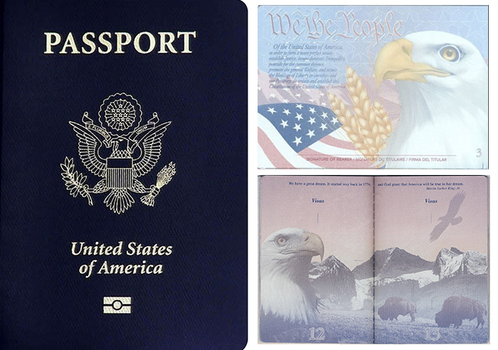 미국 여권 표지와 속지